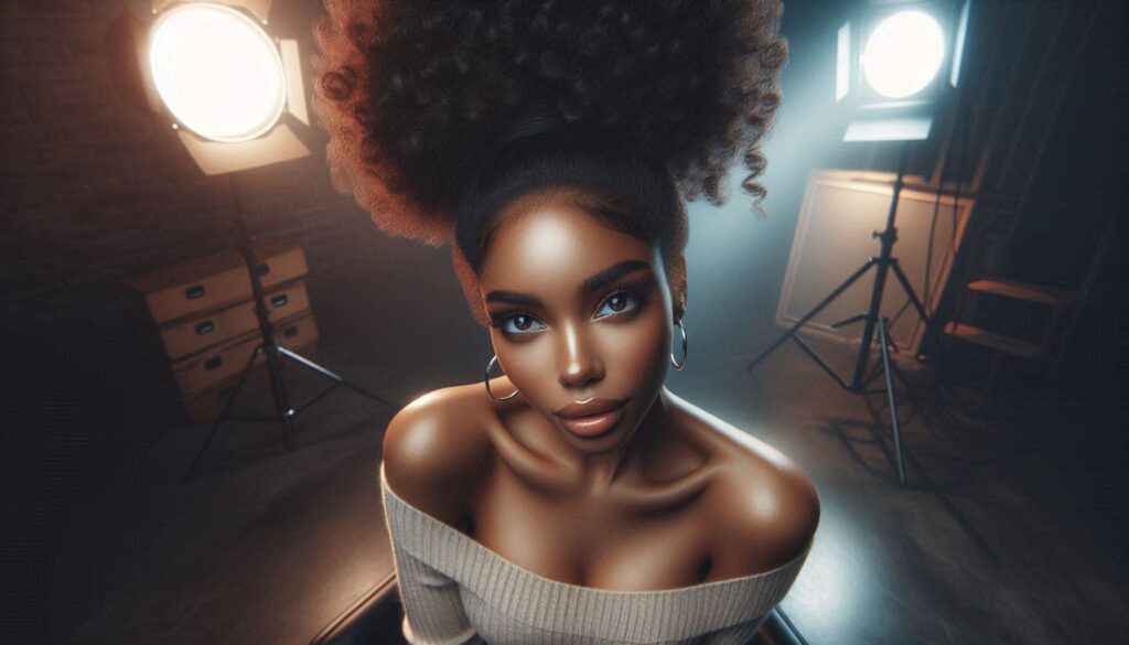 Create an ultrarealistic cinematic photostill of a beautiful african american woman with an afro puff bun updo hairstyle looking up into the camera. Image 1 of 3