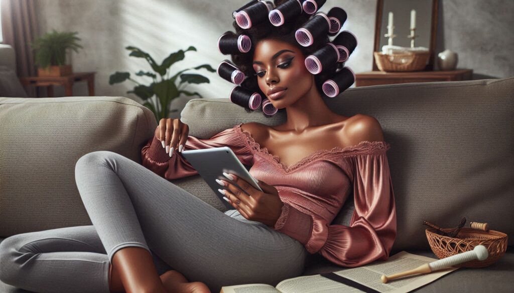 Create an ultrarealistic image of a beautiful african american woman with a perm rod set, lounging on her sofa reading an article on her iPad