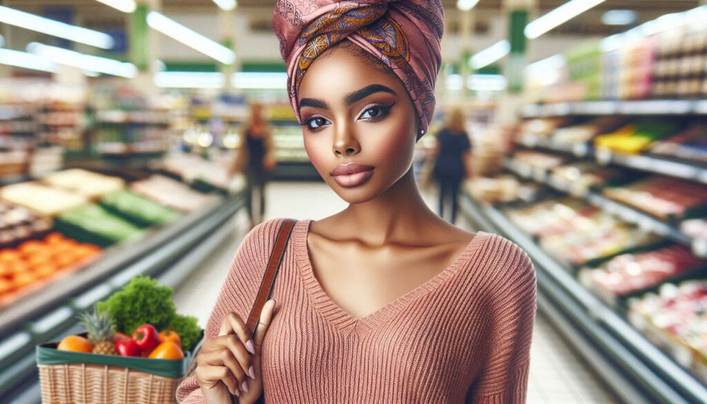 Create an ultrarealistic image of a beautiful african american woman wearing a headwrap, out shopping in the grocery store