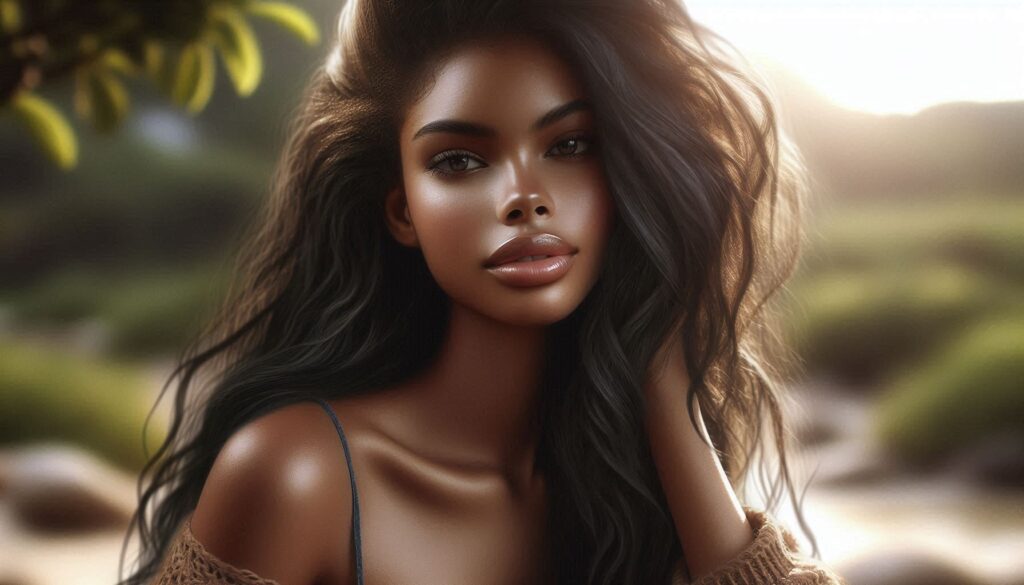 Create an ultrarealistic image of a beautiful African American woman with long hair in a natural outdoor setting